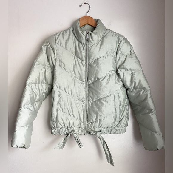 BCBG Puffer Quilted Mint Green Bomber Jacket Zip Up Bow Tie Light Weight Cozy S - Picture 5 of 10
